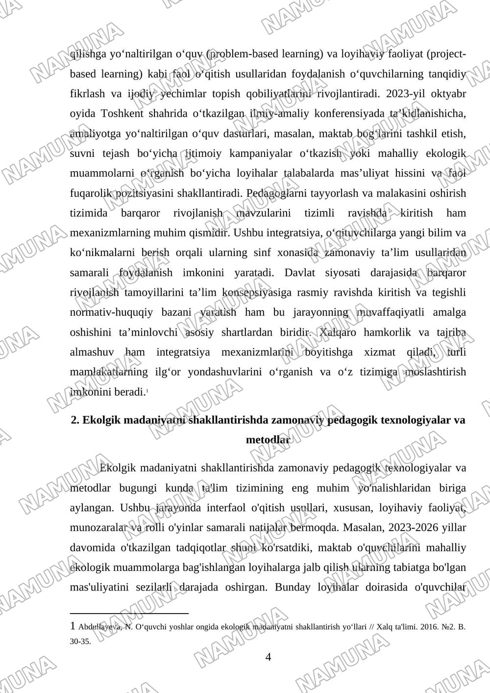 Talimda ekalogik madaniyat va barqaror rivojlanish g‘oyalarini shakllantirish — mustaqil ish, 4-varaq