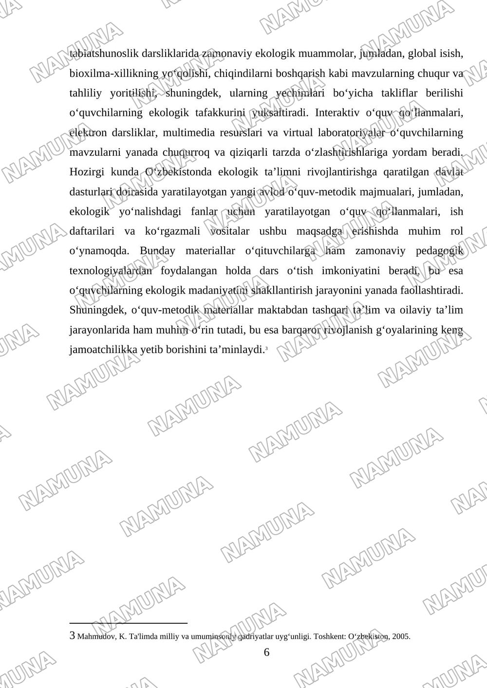 Talimda ekalogik madaniyat va barqaror rivojlanish g‘oyalarini shakllantirish — mustaqil ish, 6-varaq