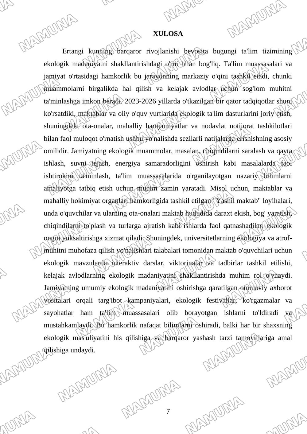 Talimda ekalogik madaniyat va barqaror rivojlanish g‘oyalarini shakllantirish — mustaqil ish, 7-varaq