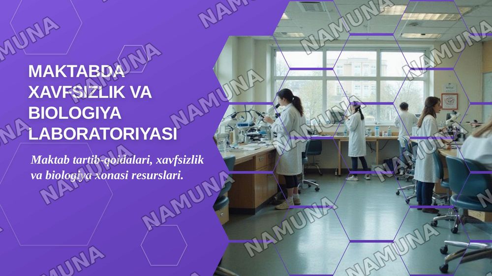 Maktabning ichki tartib qoidalari texnika yongʻin xavfsizligi evakuatsiya tartibi. Biologiya xonasi labaratoriya jihozlari mikroskoplar modellar kalleksiyalar va amalyot uchun foydalangan va boshqa rurslar buyicha tanishdim — zamonaviy taqdimot, 1-slayd