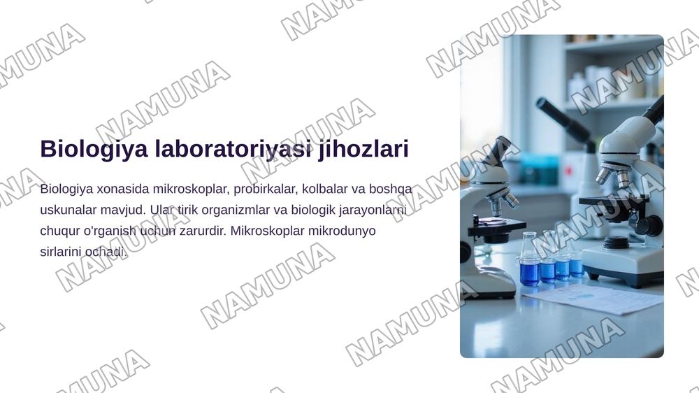 Maktabning ichki tartib qoidalari texnika yongʻin xavfsizligi evakuatsiya tartibi. Biologiya xonasi labaratoriya jihozlari mikroskoplar modellar kalleksiyalar va amalyot uchun foydalangan va boshqa rurslar buyicha tanishdim — zamonaviy taqdimot, 5-slayd