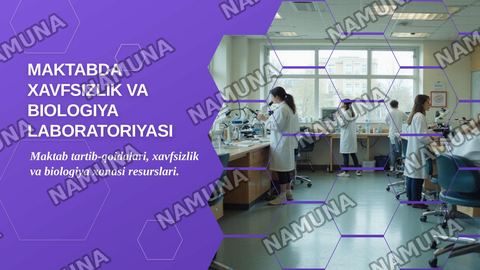 Maktabning ichki tartib qoidalari texnika yongʻin xavfsizligi  evakuatsiya tartibi. Biologiya xonasi labaratoriya jihozlari  mikroskoplar modellar kalleksiyalar va amalyot uchun foydalangan va  boshqa rurslar buyicha tanishdim — zamonaviy taqdimot