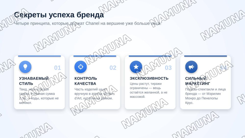 Про Бренд Chanel
Как оно появилось, как вышла на такой уровень, доход этого бренда в прошлом и на сегодняшний день — zamonaviy taqdimot, 7-slayd