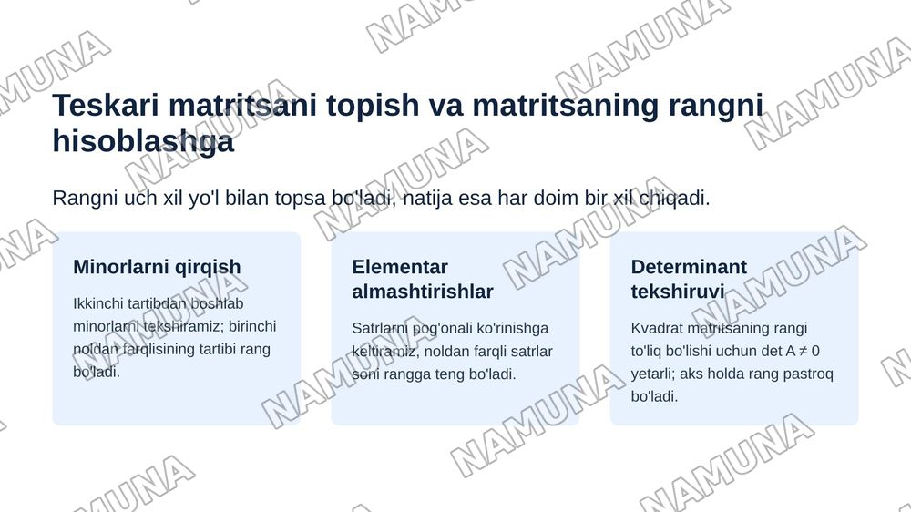 Teskari matritsani topish va matritsaning rangni hisoblashga oid misollar yechish — zamonaviy taqdimot, 8-slayd