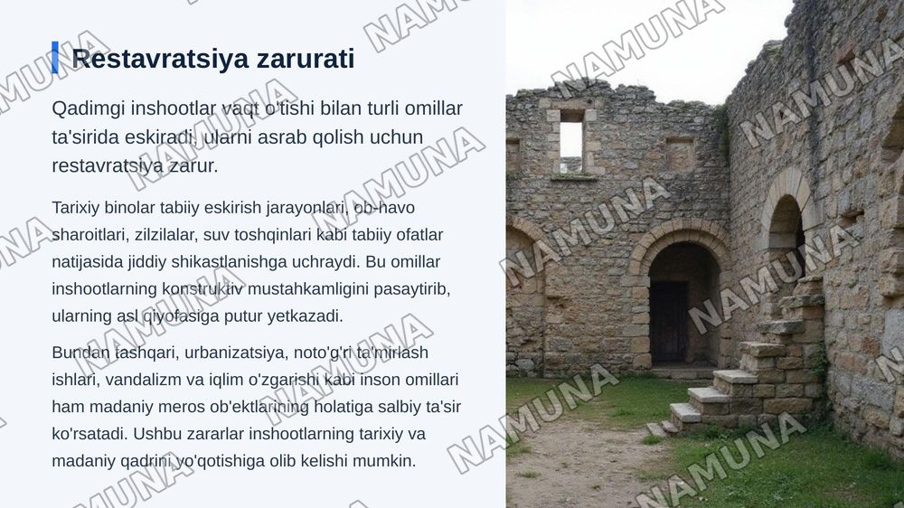 Qadimgi bino va inshootlarni restavratsiya qilish va tamirlash — zamonaviy taqdimot, 4-slayd