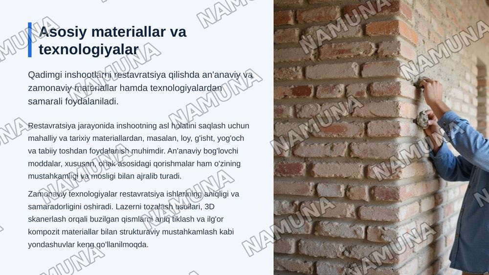 Qadimgi bino va inshootlarni restavratsiya qilish va tamirlash — zamonaviy taqdimot, 7-slayd
