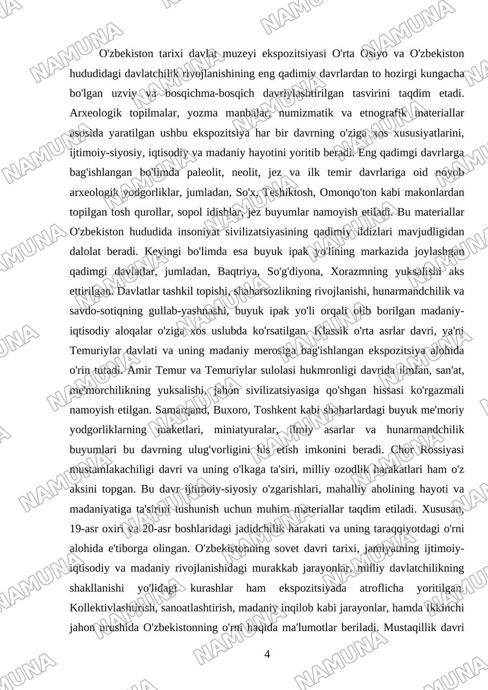 Oʻzbekiston tarixi davlat muzeyiga ekskursiya va muzey eksponatlari toʻgʻrisida hisobot tayyorlash — mustaqil ish, 4-varaq