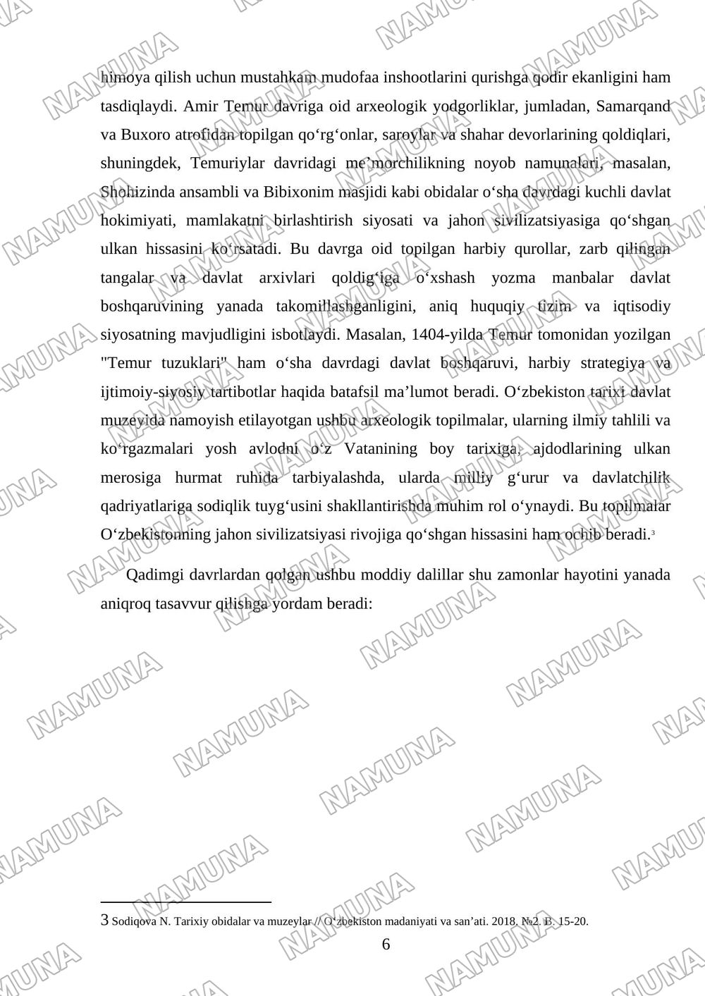 Oʻzbekiston tarixi davlat muzeyiga ekskursiya va muzey eksponatlari toʻgʻrisida hisobot tayyorlash — mustaqil ish, 6-varaq