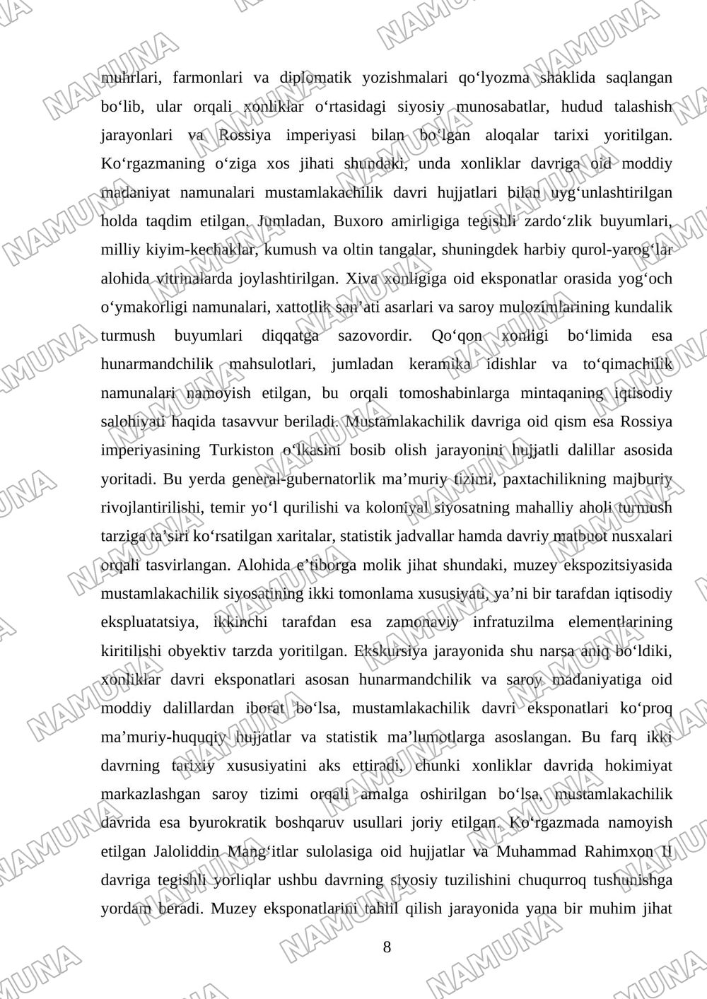 Oʻzbekiston tarixi davlat muzeyiga ekskursiya va muzey eksponatlari toʻgʻrisida hisobot tayyorlash — mustaqil ish, 8-varaq