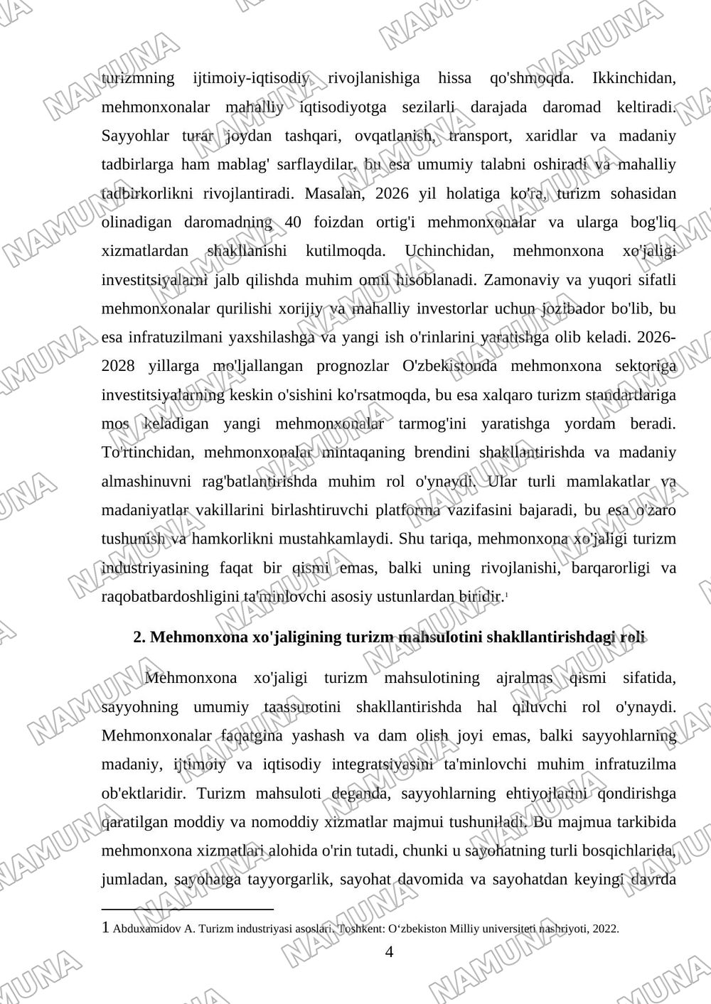 Turizmda mehmonxona xöjaligining örni — mustaqil ish, 4-varaq