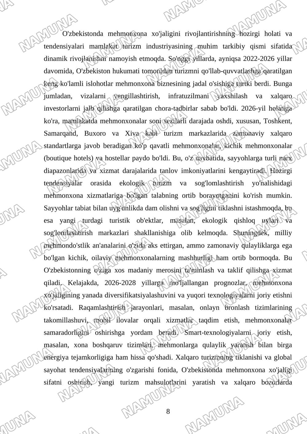 Turizmda mehmonxona xöjaligining örni — mustaqil ish, 8-varaq