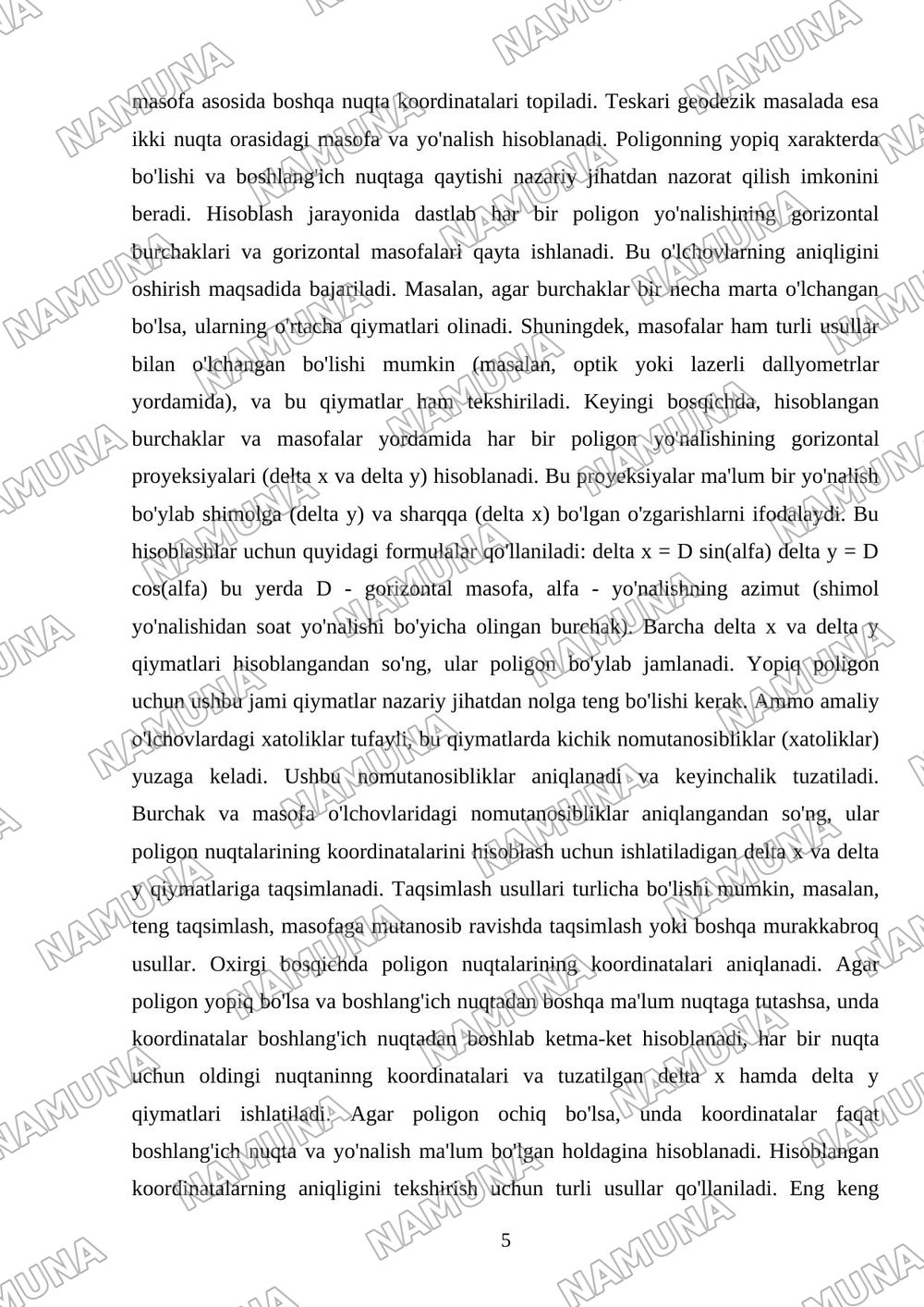 Teodolit poligoni yuzasi koordinatalari — mustaqil ish, 5-varaq