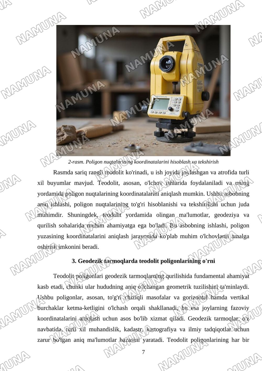 Teodolit poligoni yuzasi koordinatalari — mustaqil ish, 7-varaq