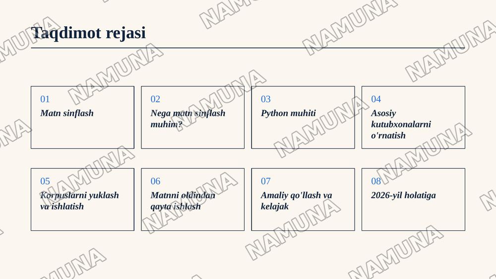 AMALIY MASHG'ULOT: PYTHON MUHITIDA MATNLARNI SINFLASH UCHUN KERAKLI KUTUBXONALARNI SOZLASH VA KORPUSLARNI YUKLASH — zamonaviy taqdimot, 2-slayd