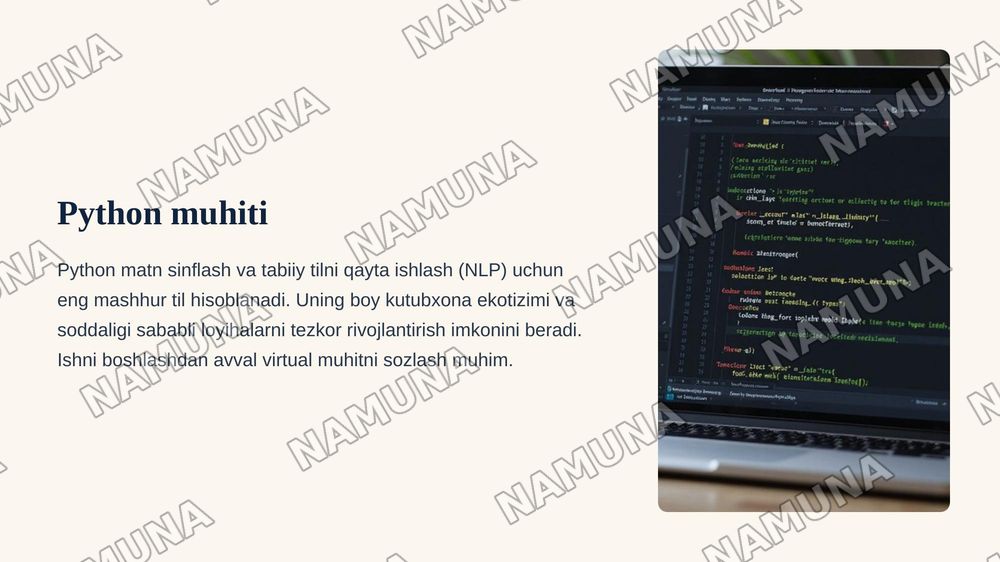 AMALIY MASHG'ULOT: PYTHON MUHITIDA MATNLARNI SINFLASH UCHUN KERAKLI KUTUBXONALARNI SOZLASH VA KORPUSLARNI YUKLASH — zamonaviy taqdimot, 5-slayd