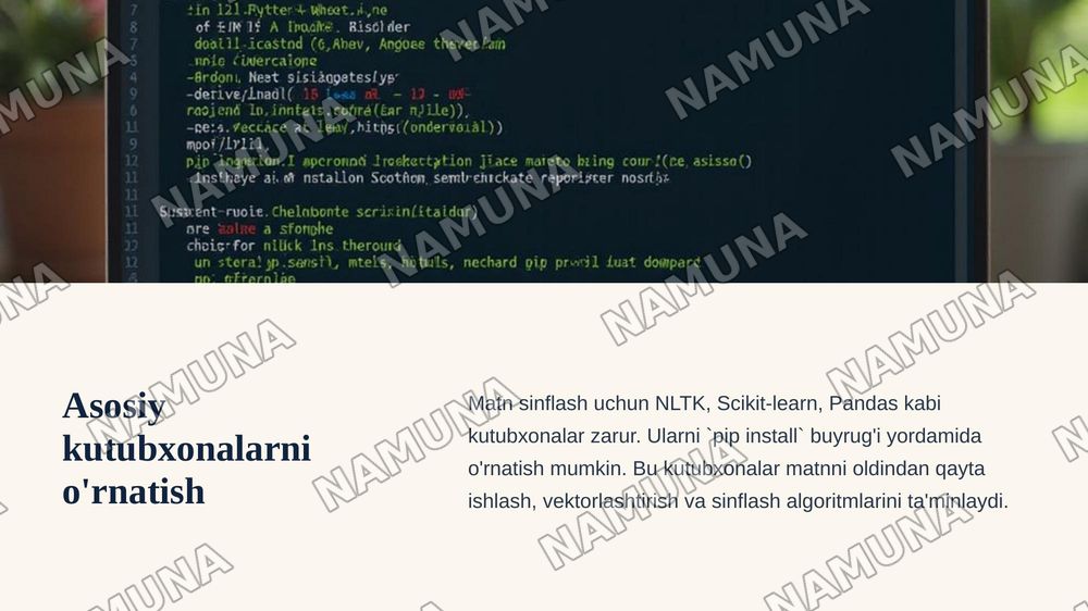 AMALIY MASHG'ULOT: PYTHON MUHITIDA MATNLARNI SINFLASH UCHUN KERAKLI KUTUBXONALARNI SOZLASH VA KORPUSLARNI YUKLASH — zamonaviy taqdimot, 6-slayd