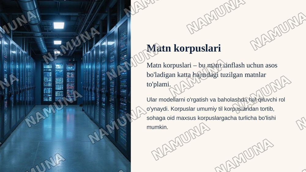 AMALIY MASHG'ULOT: PYTHON MUHITIDA MATNLARNI SINFLASH UCHUN KERAKLI KUTUBXONALARNI SOZLASH VA KORPUSLARNI YUKLASH — zamonaviy taqdimot, 7-slayd