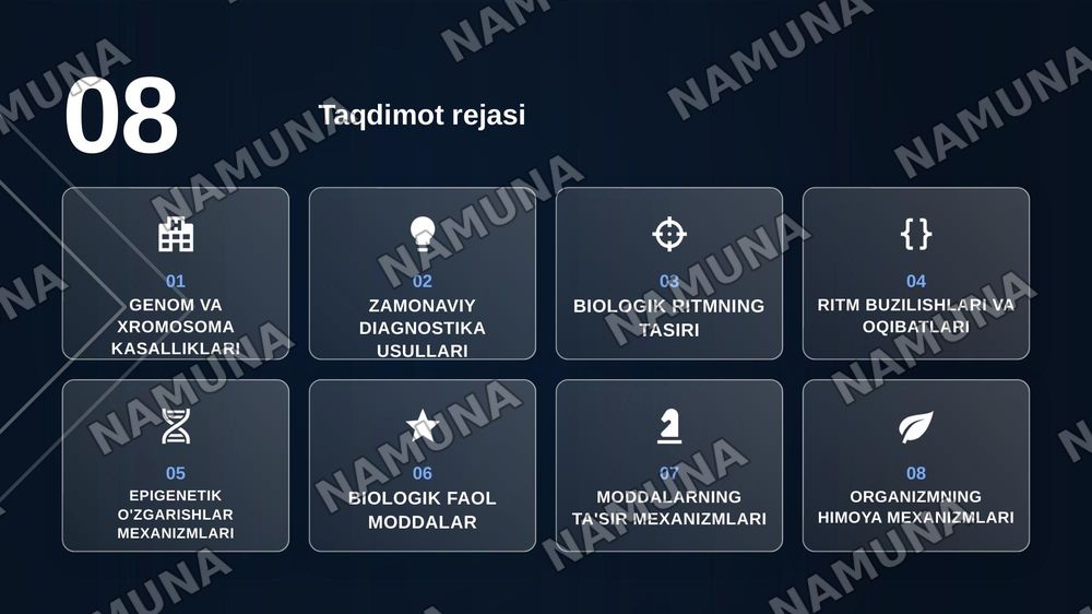 Gen genom va xramasoma kasalliklarining malekulyor genetik asoslari hamda zamonaviy diognostika usullari
Biologik ritmning inson salomatligiga tasiri 
Epigenetik omillarning genlar faolligiga tasiri
Biologik faol moddalar va ularning inson organizimiga tasiri
Organizmning biologik himoya mexonizmlar — zamonaviy taqdimot, 2-slayd