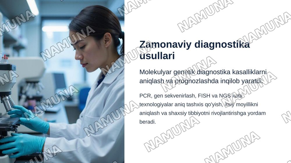 Gen genom va xramasoma kasalliklarining malekulyor genetik asoslari hamda zamonaviy diognostika usullari
Biologik ritmning inson salomatligiga tasiri 
Epigenetik omillarning genlar faolligiga tasiri
Biologik faol moddalar va ularning inson organizimiga tasiri
Organizmning biologik himoya mexonizmlar — zamonaviy taqdimot, 4-slayd