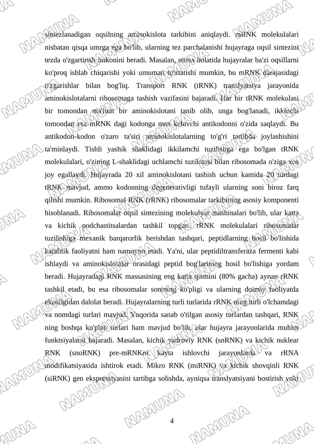 RNK turlari. ribosamalar tuzilishi — mustaqil ish, 4-varaq