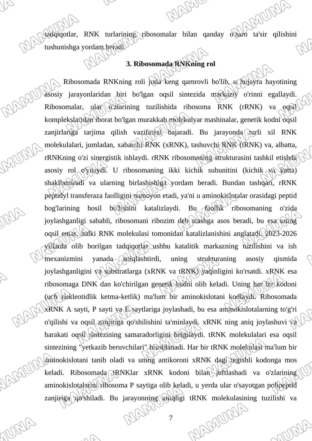RNK turlari. ribosamalar tuzilishi — mustaqil ish, 7-varaq