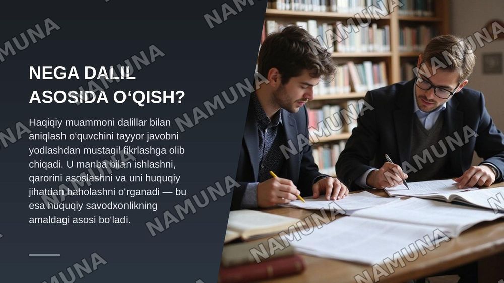 – jamoalarni shakllantirish; – o‘quvchilarga haqiqiy muammoni dalillar asosida aniqlash talabini tushuntirish; – 5 ta bajarish bosqichini va har bir bosqichdagi kutiladigan harakatlarni e’lon qilish; – Tarbiya va Huquq fanlari uchun alohida 50 ballik baholash mezonlarini oldindan tanishtirish; – har — zamonaviy taqdimot, 3-slayd