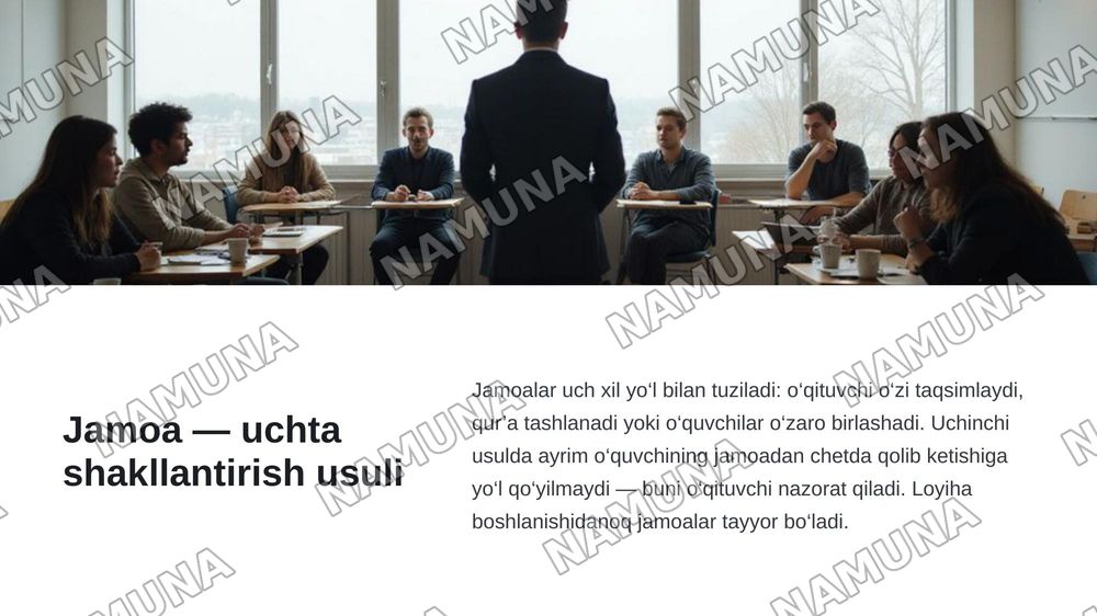 – jamoalarni shakllantirish; – o‘quvchilarga haqiqiy muammoni dalillar asosida aniqlash talabini tushuntirish; – 5 ta bajarish bosqichini va har bir bosqichdagi kutiladigan harakatlarni e’lon qilish; – Tarbiya va Huquq fanlari uchun alohida 50 ballik baholash mezonlarini oldindan tanishtirish; – har — zamonaviy taqdimot, 4-slayd
