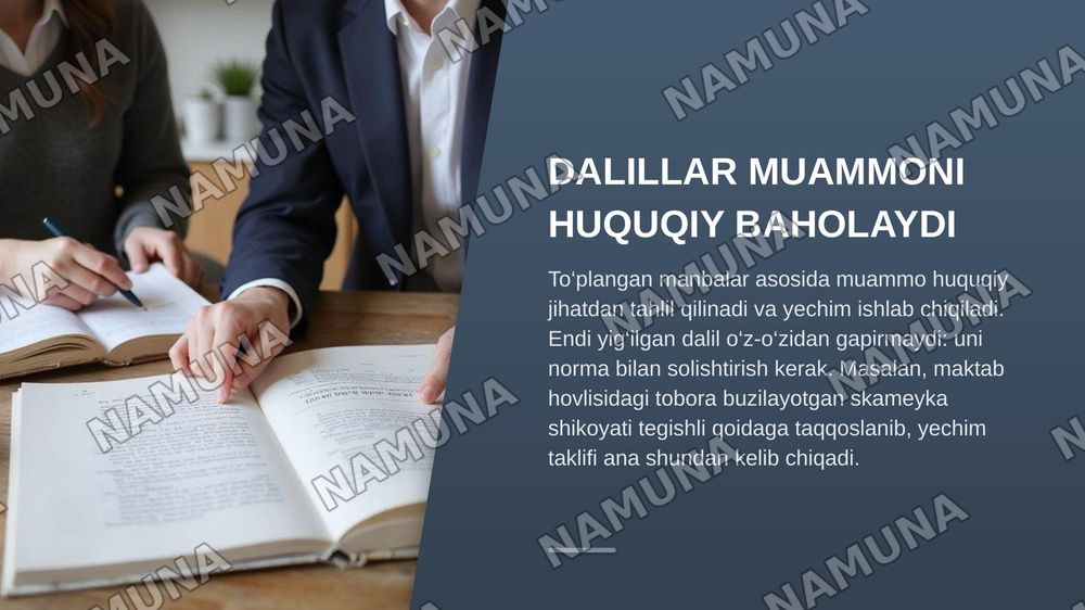 – jamoalarni shakllantirish; – o‘quvchilarga haqiqiy muammoni dalillar asosida aniqlash talabini tushuntirish; – 5 ta bajarish bosqichini va har bir bosqichdagi kutiladigan harakatlarni e’lon qilish; – Tarbiya va Huquq fanlari uchun alohida 50 ballik baholash mezonlarini oldindan tanishtirish; – har — zamonaviy taqdimot, 7-slayd