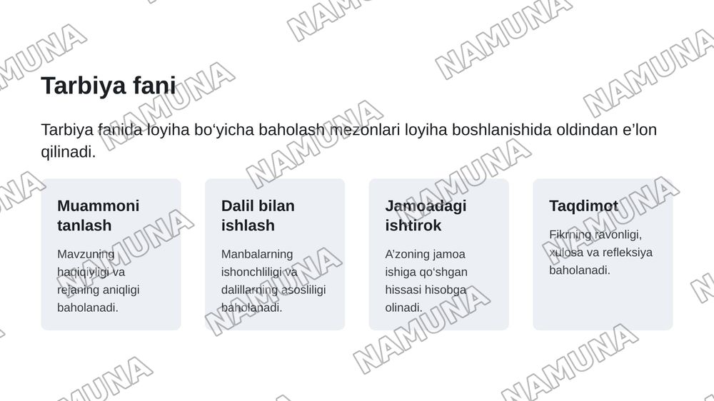 – jamoalarni shakllantirish; – o‘quvchilarga haqiqiy muammoni dalillar asosida aniqlash talabini tushuntirish; – 5 ta bajarish bosqichini va har bir bosqichdagi kutiladigan harakatlarni e’lon qilish; – Tarbiya va Huquq fanlari uchun alohida 50 ballik baholash mezonlarini oldindan tanishtirish; – har — zamonaviy taqdimot, 8-slayd