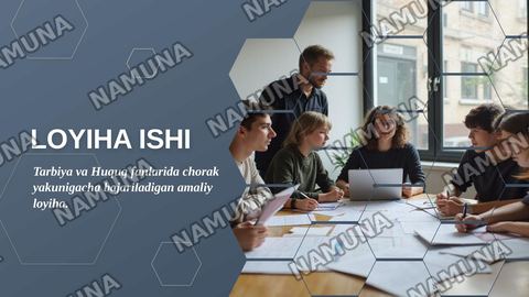 – jamoalarni shakllantirish; – o‘quvchilarga haqiqiy muammoni dalillar asosida aniqlash talabini tushuntirish; – 5 ta bajarish bosqichini va har bir bosqichdagi kutiladigan harakatlarni e’lon qilish; – Tarbiya va Huquq fanlari uchun alohida 50 ballik baholash mezonlarini oldindan tanishtirish; – har — zamonaviy taqdimot