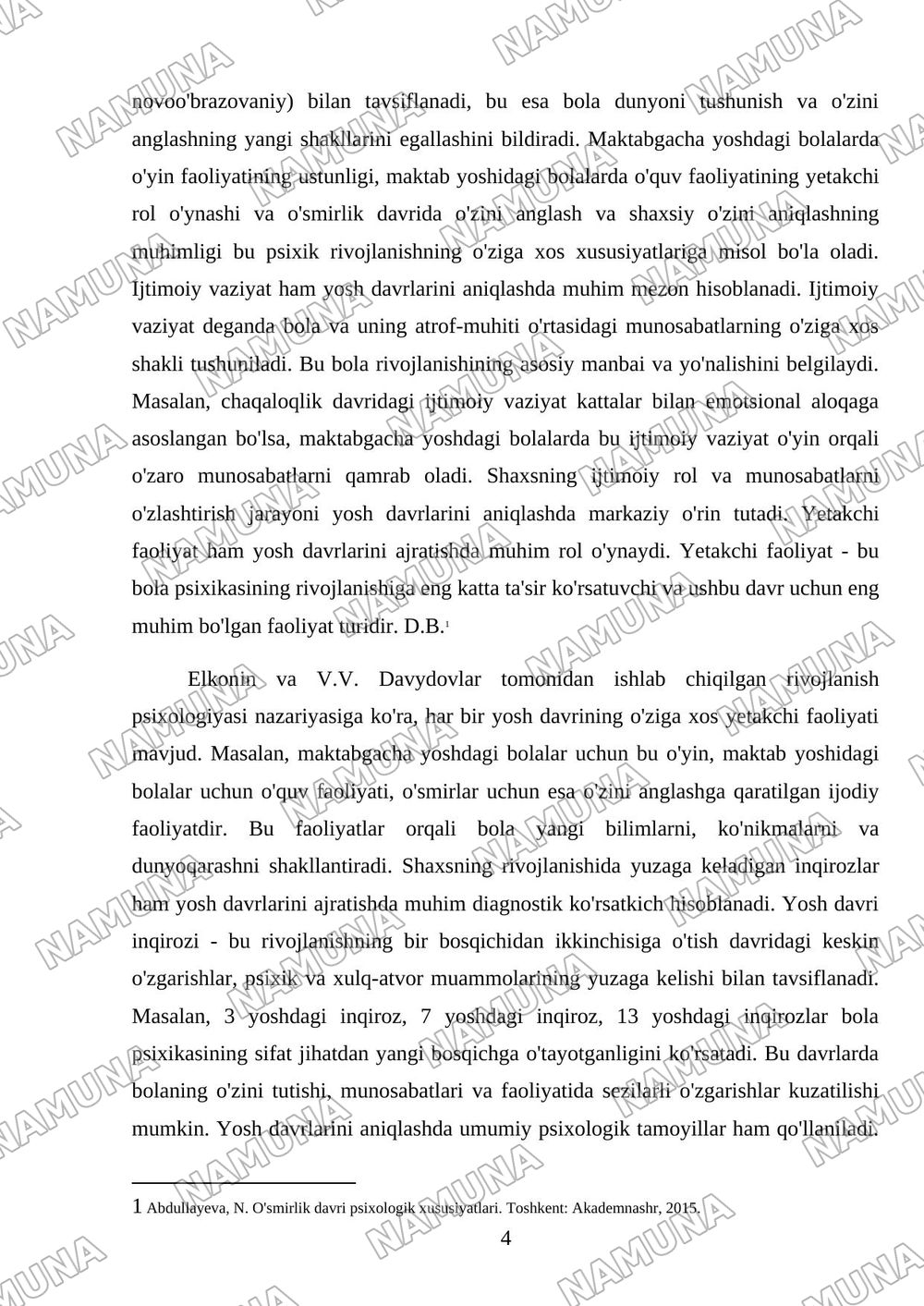 Yosh davrlar psixalogiyasi va pedagogik psixalogiyada yosh davrlarini tabaqalash muammolari — mustaqil ish, 4-varaq