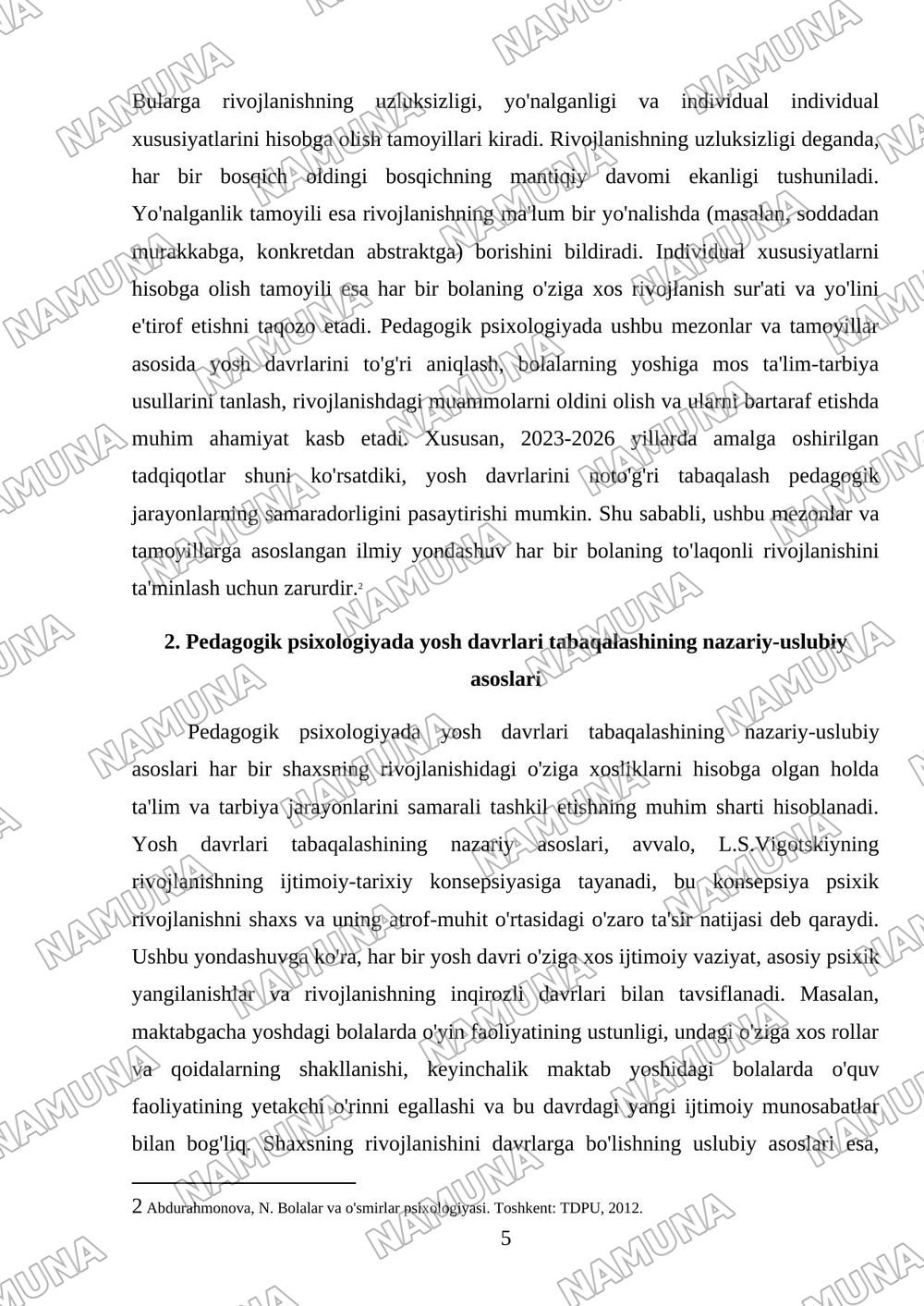 Yosh davrlar psixalogiyasi va pedagogik psixalogiyada yosh davrlarini tabaqalash muammolari — mustaqil ish, 5-varaq