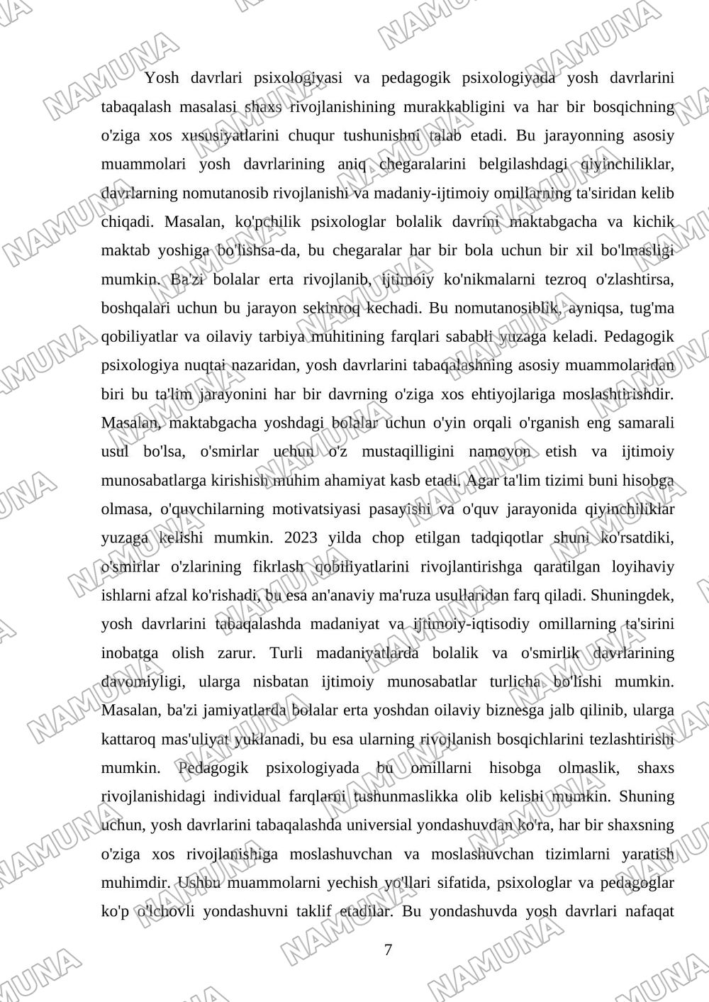 Yosh davrlar psixalogiyasi va pedagogik psixalogiyada yosh davrlarini tabaqalash muammolari — mustaqil ish, 7-varaq