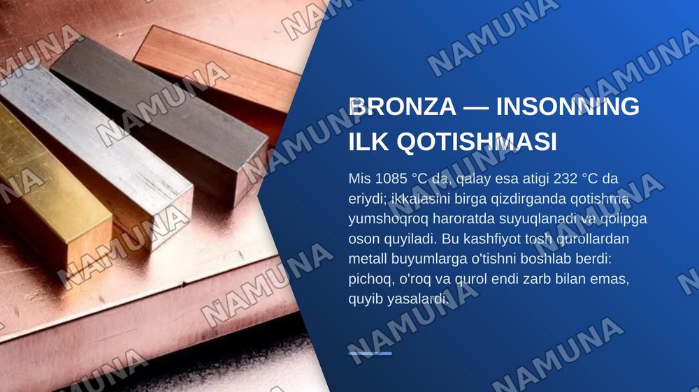 Insoniyat tarixiy rivojlanishida Bronza davrining oʻrni va roʻli boʻyicha koʻrgazmalar tayyorlash. — zamonaviy taqdimot, 3-slayd
