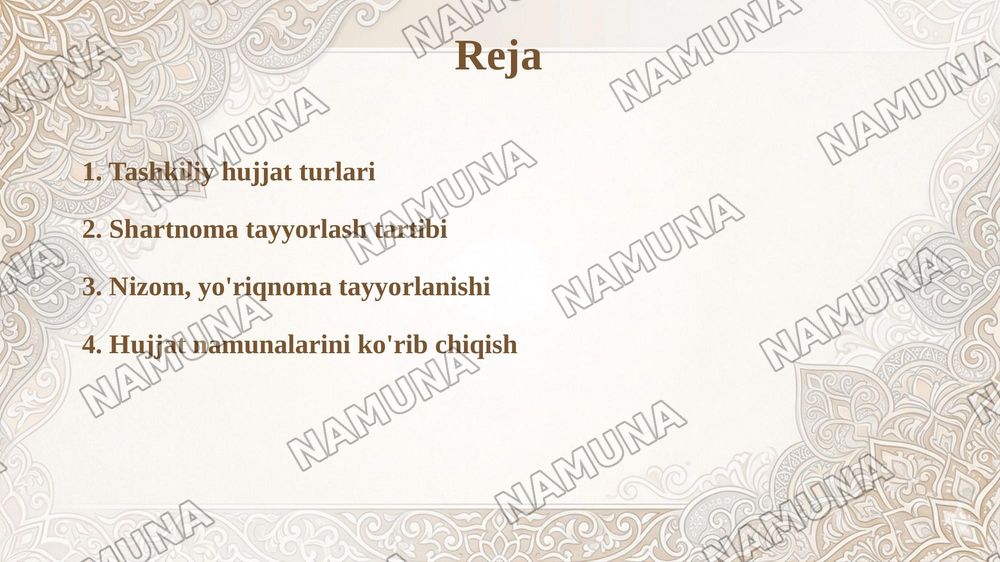 Tashkiliy hujjatlar va ularning turlari. Shartnoma,  nizom, yoʻriqnomaning tayyorlanish tartibi — taqdimot, 2-slayd