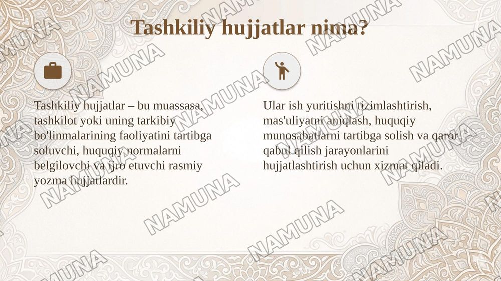 Tashkiliy hujjatlar va ularning turlari. Shartnoma,  nizom, yoʻriqnomaning tayyorlanish tartibi — taqdimot, 4-slayd