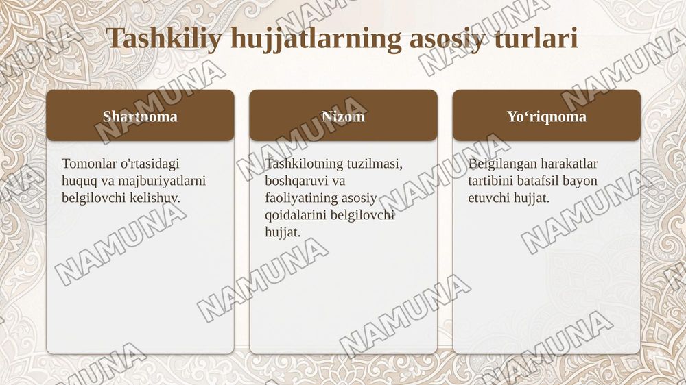 Tashkiliy hujjatlar va ularning turlari. Shartnoma,  nizom, yoʻriqnomaning tayyorlanish tartibi — taqdimot, 5-slayd