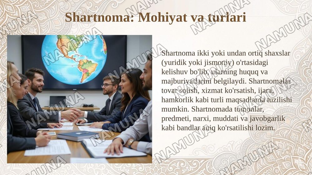 Tashkiliy hujjatlar va ularning turlari. Shartnoma,  nizom, yoʻriqnomaning tayyorlanish tartibi — taqdimot, 6-slayd