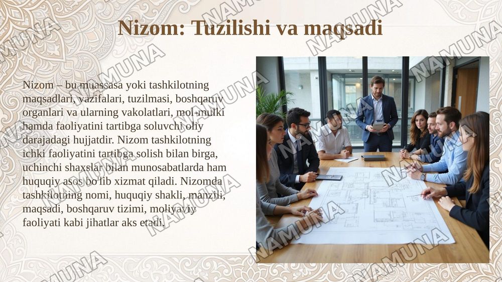 Tashkiliy hujjatlar va ularning turlari. Shartnoma,  nizom, yoʻriqnomaning tayyorlanish tartibi — taqdimot, 8-slayd