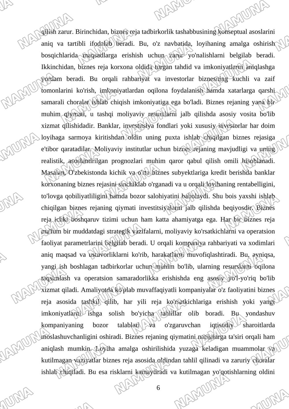 Biznes rejaning mohiyati va ahamiyati — mustaqil ish, 6-varaq