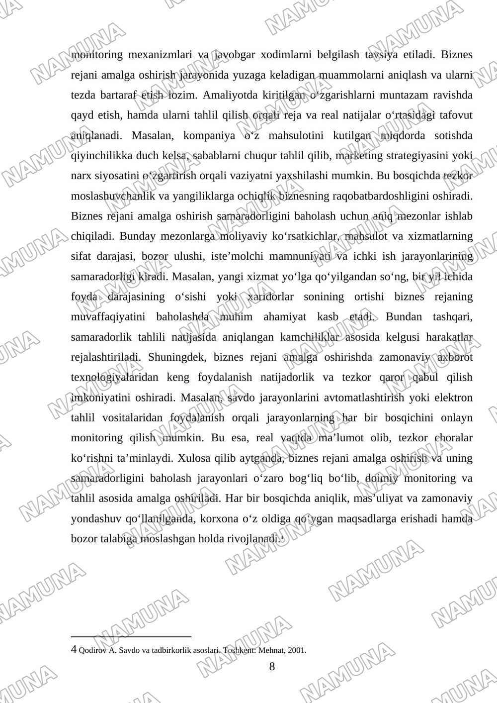 Biznes rejaning mohiyati va ahamiyati — mustaqil ish, 8-varaq