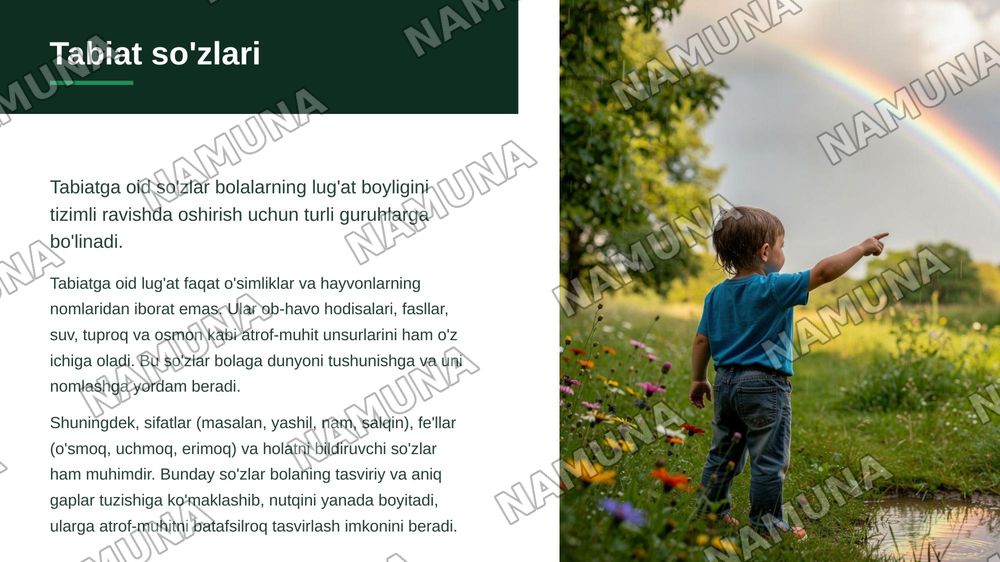 Bolalar nutqini boyitishda tabiat haqidagi sõzlarning õrni — zamonaviy taqdimot, 5-slayd