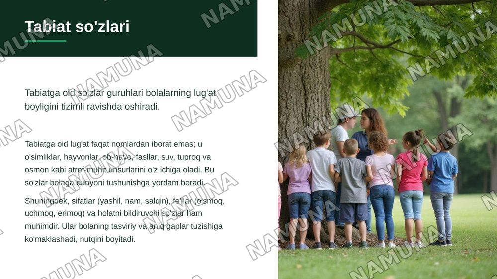 Bolalar nutqini boyitishda tabiat haqidagi sõzlarning õrni — zamonaviy taqdimot, 6-slayd