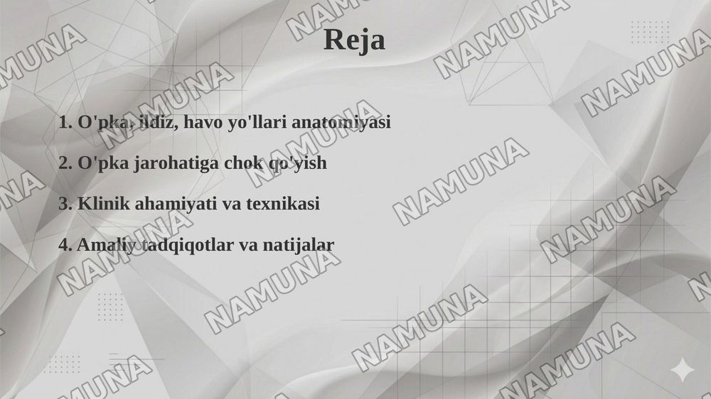 O‘pka, o‘pka ildizi va havo o‘tkazuvchi yo‘llarning klinik anatomiyasi
O‘pka jarohatiga chok qo‘yish — taqdimot, 2-slayd