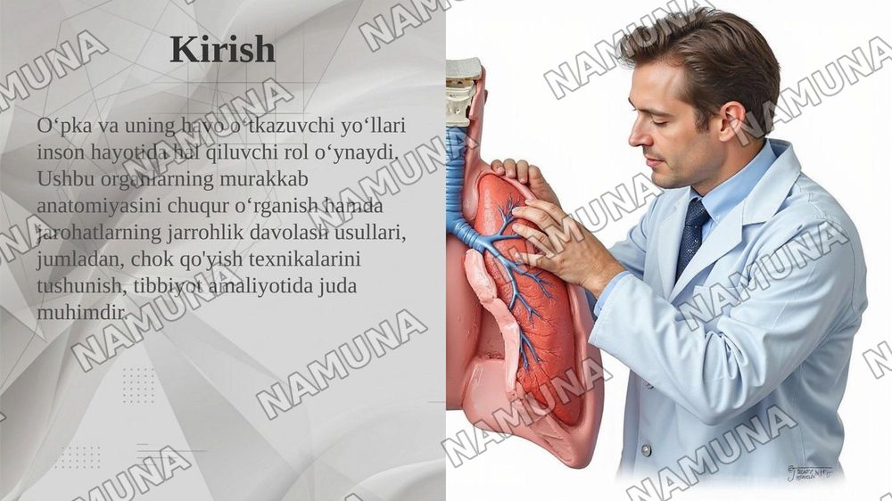 O‘pka, o‘pka ildizi va havo o‘tkazuvchi yo‘llarning klinik anatomiyasi
O‘pka jarohatiga chok qo‘yish — taqdimot, 3-slayd