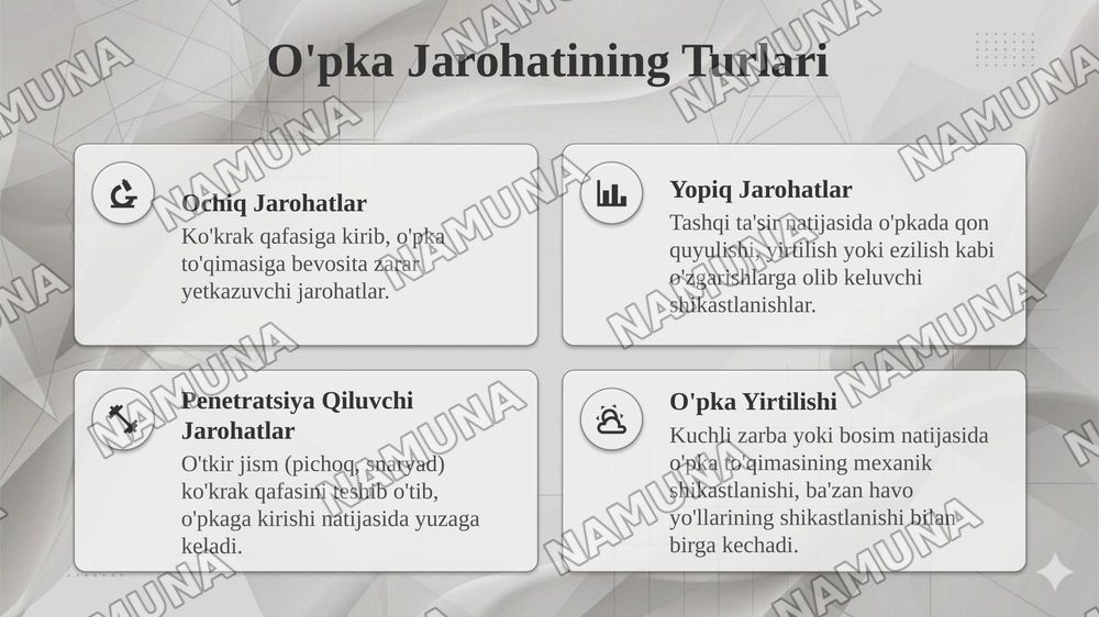 O‘pka, o‘pka ildizi va havo o‘tkazuvchi yo‘llarning klinik anatomiyasi
O‘pka jarohatiga chok qo‘yish — taqdimot, 8-slayd