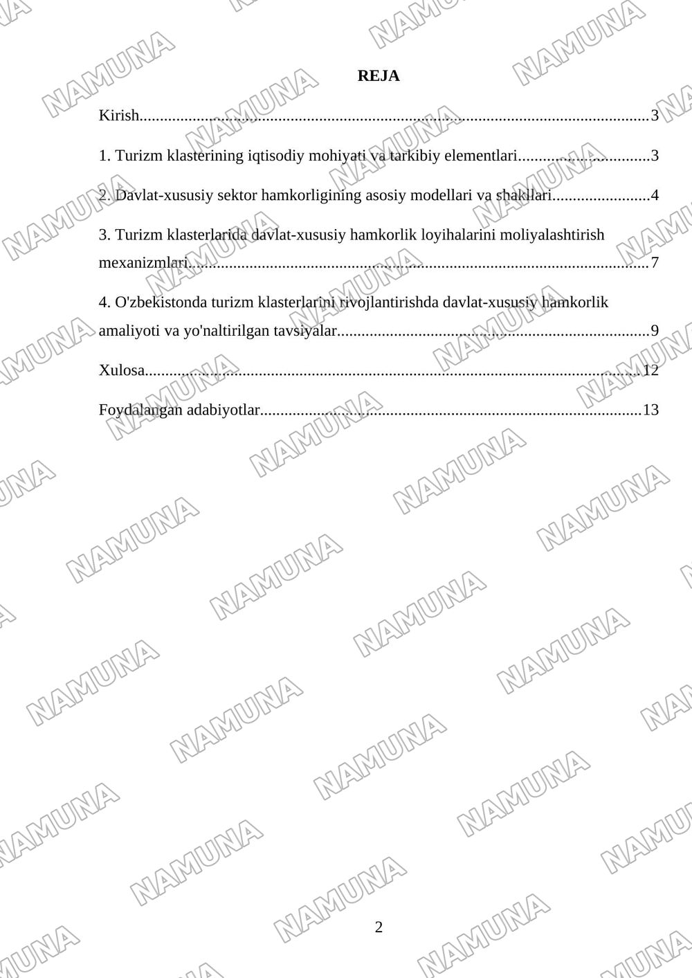 Turizm klasterlarida davlat va xususiy sektor hamkorligi modeli — mustaqil ish, 2-varaq