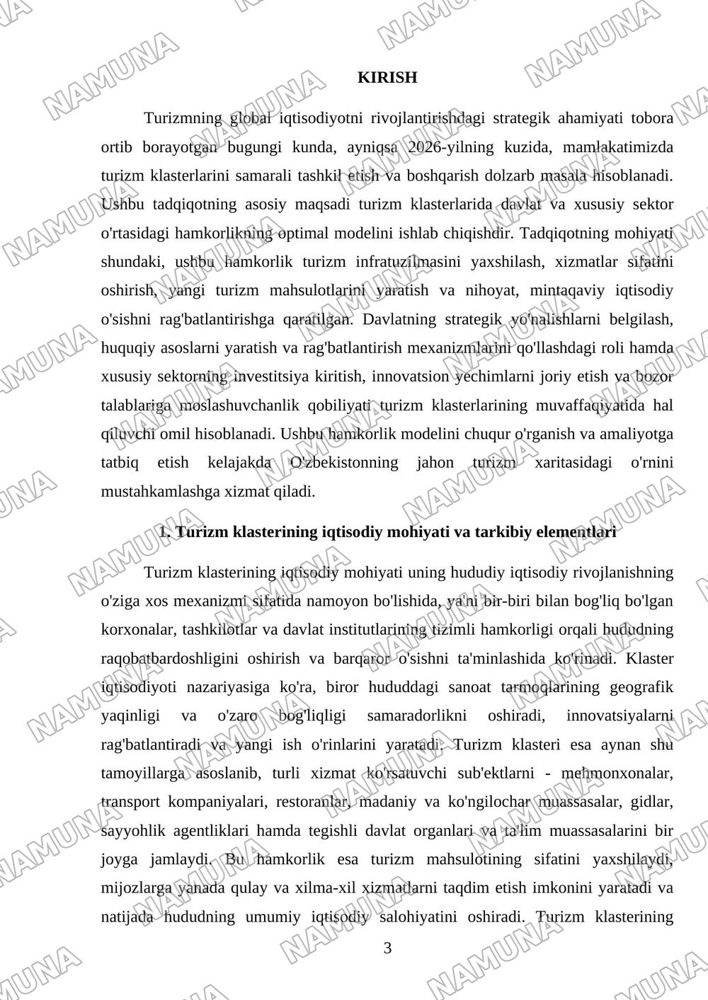 Turizm klasterlarida davlat va xususiy sektor hamkorligi modeli — mustaqil ish, 3-varaq