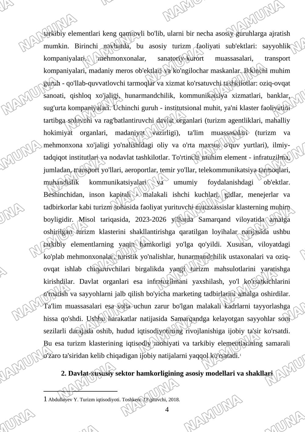 Turizm klasterlarida davlat va xususiy sektor hamkorligi modeli — mustaqil ish, 4-varaq