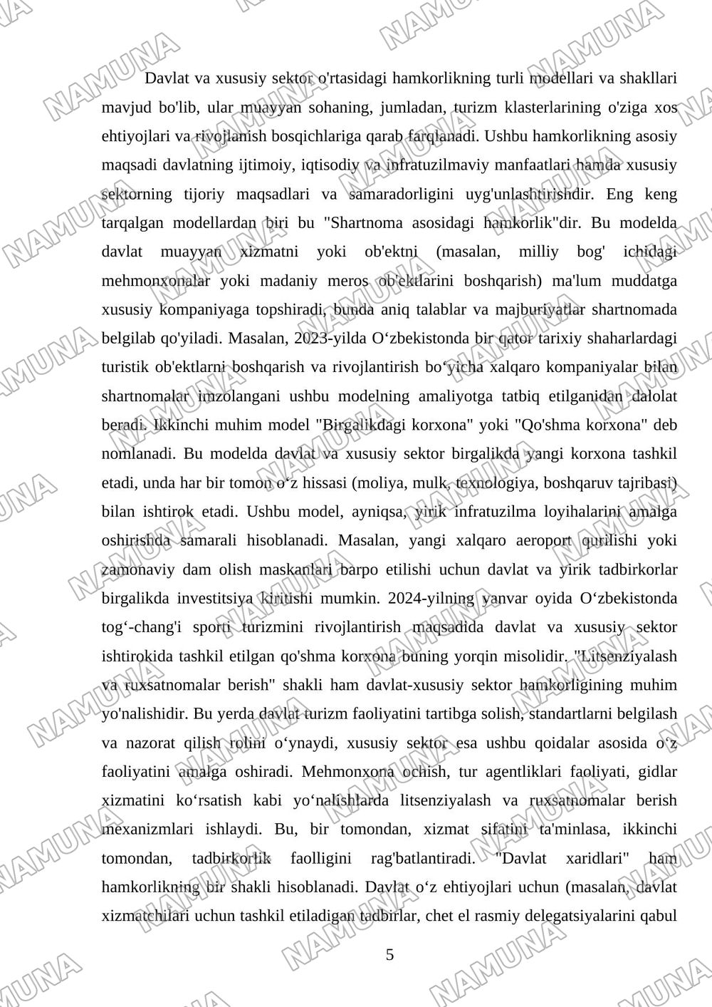 Turizm klasterlarida davlat va xususiy sektor hamkorligi modeli — mustaqil ish, 5-varaq